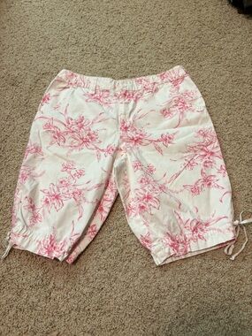 White Bermuda Shorts with Pink Floral Print and Drawstring Hems